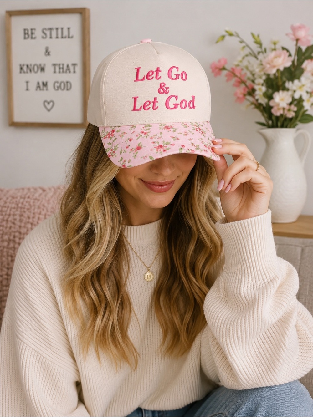 Let Go Let God Floral Pink Faith Baseball Cap Adjustable Hat